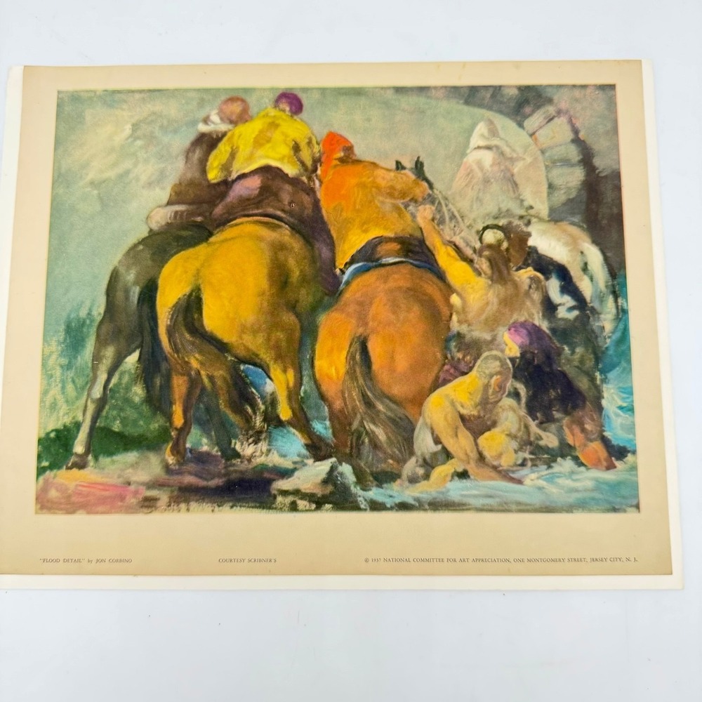 VTG 1937 Flood Detail Jon Corbino Equine Horses Lithograph Natl Committee Print